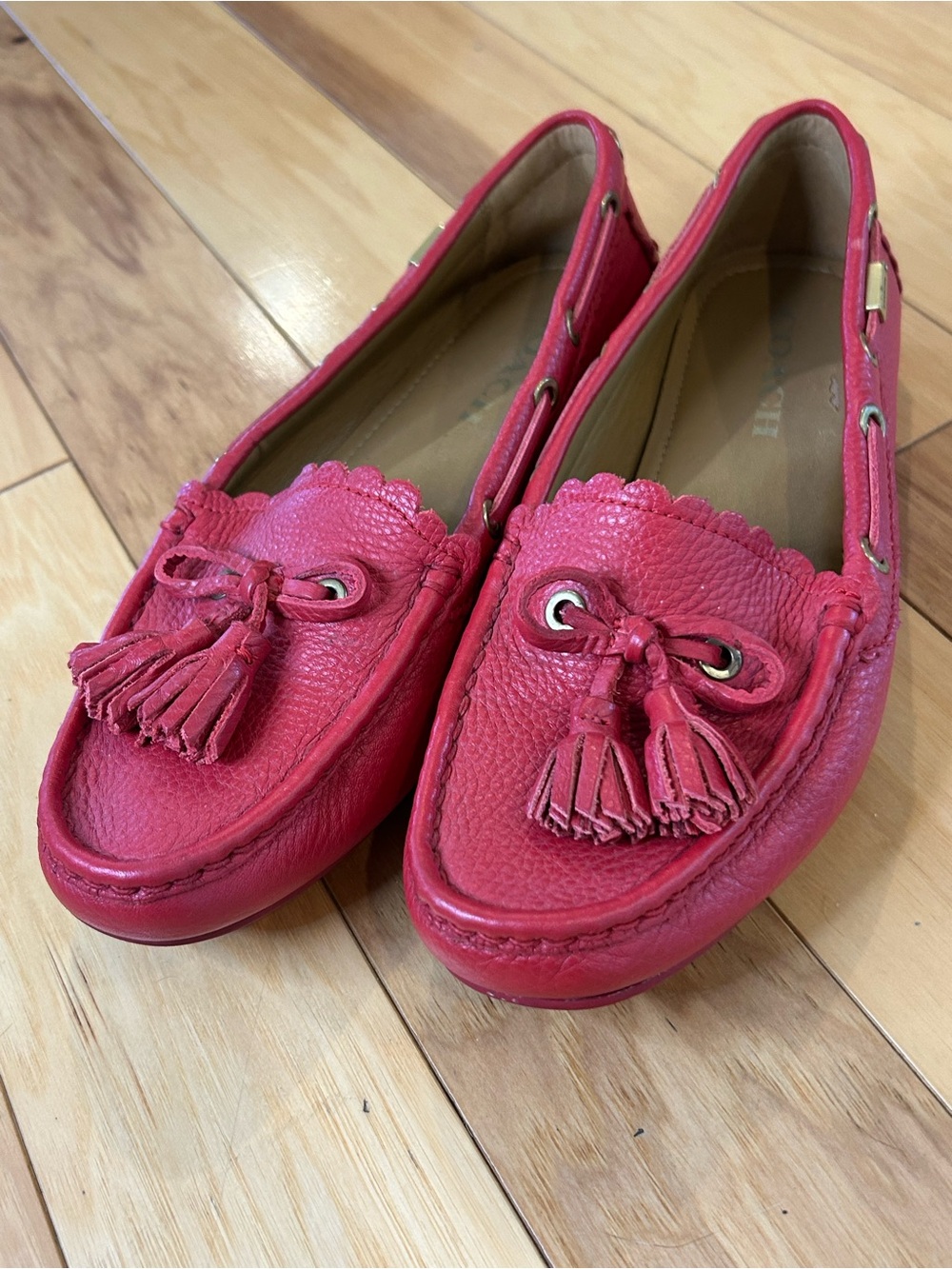 Coach Red Leather Tassel Driving Loafers - Picture 13 of 14